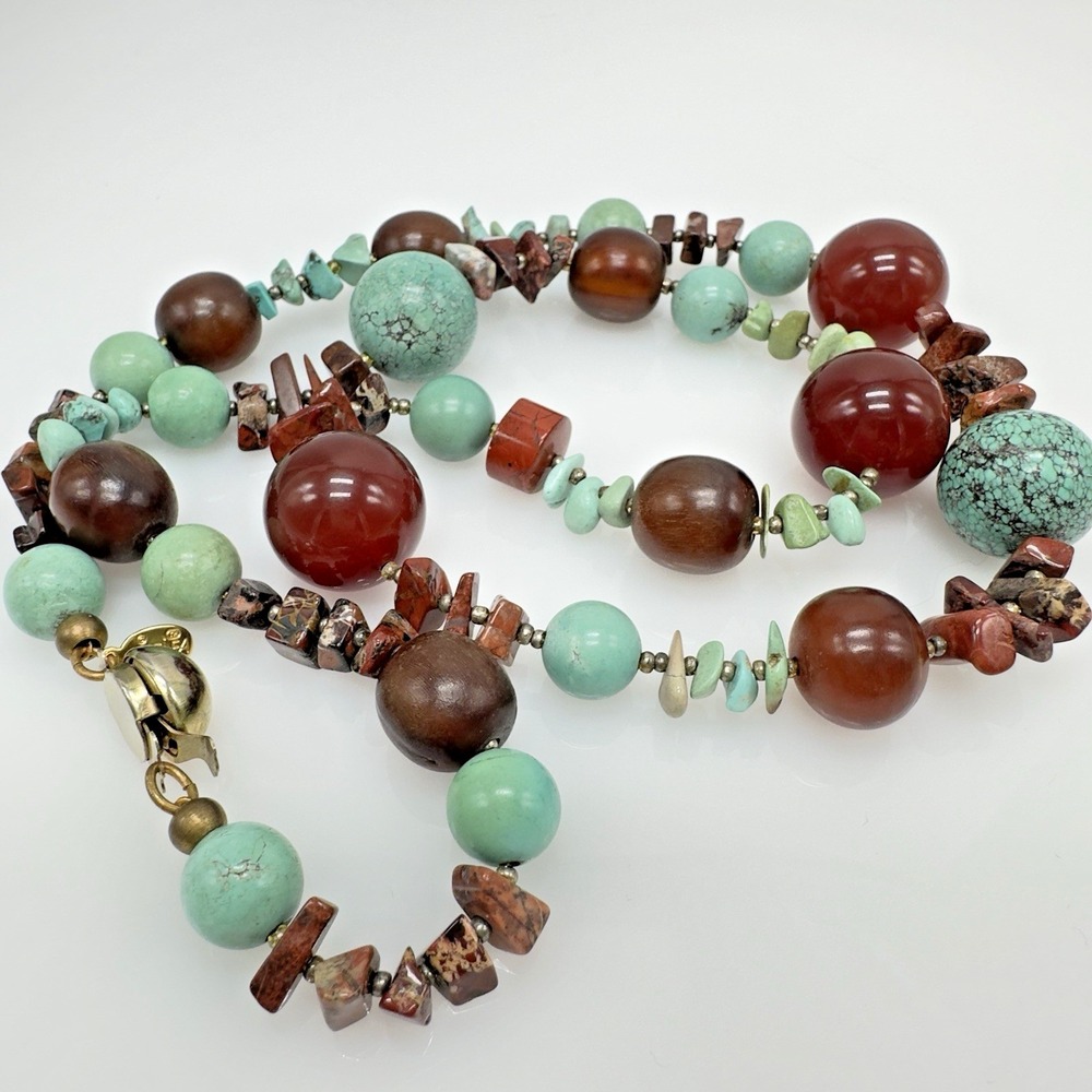 Vintage Artisan Necklace Natural Stone & Wood Beads 28" Boho Arts & Craft Mei Fa